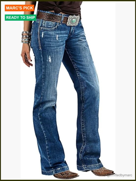 Denim - Mid Rise Bootcut Flare Jeans Distressed Stitch Stretch Denim Pants